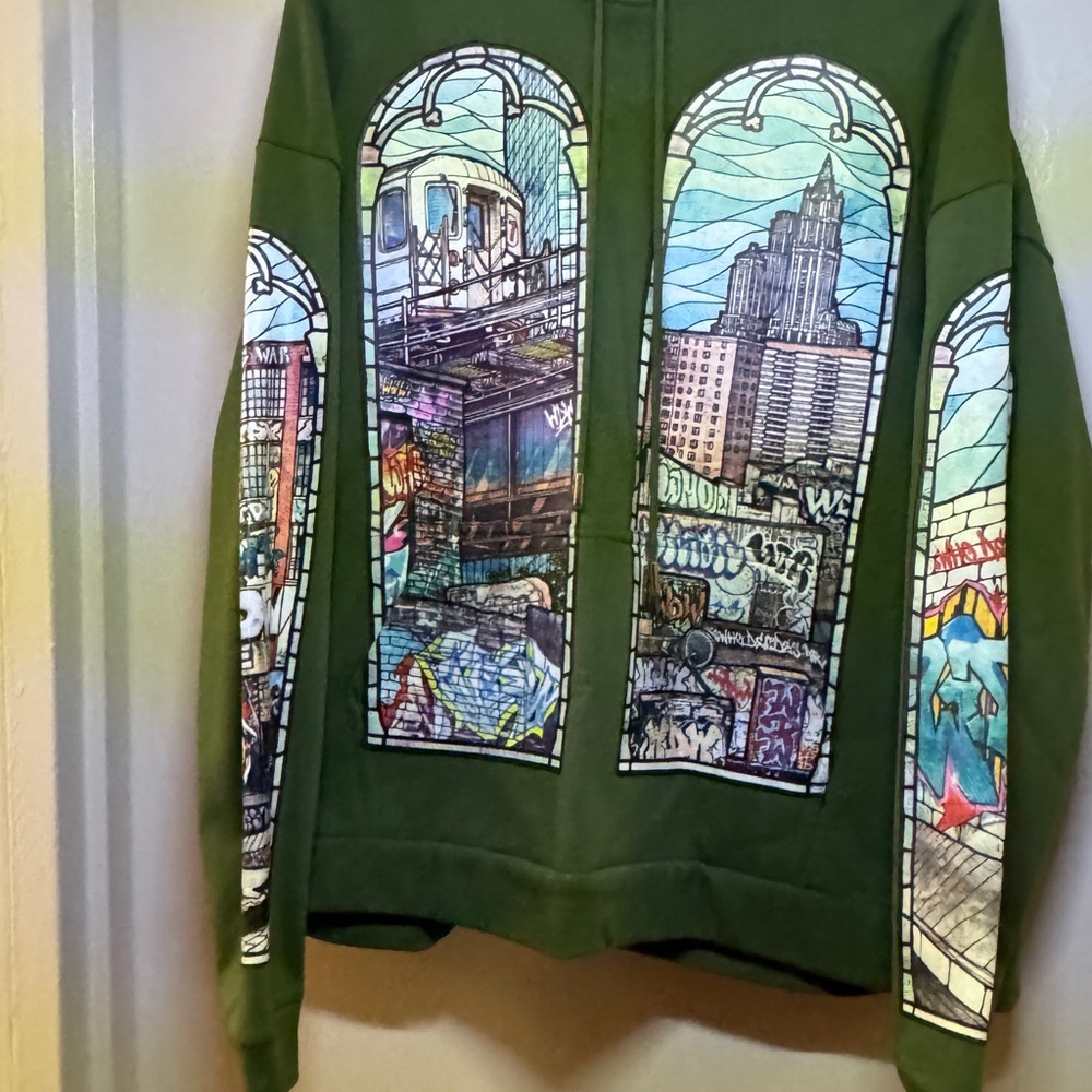 Green Hoodie with Urban Art Design